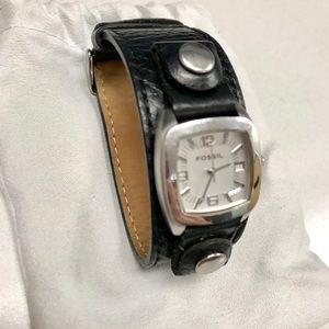 Fossil Black Leather Silver Watch